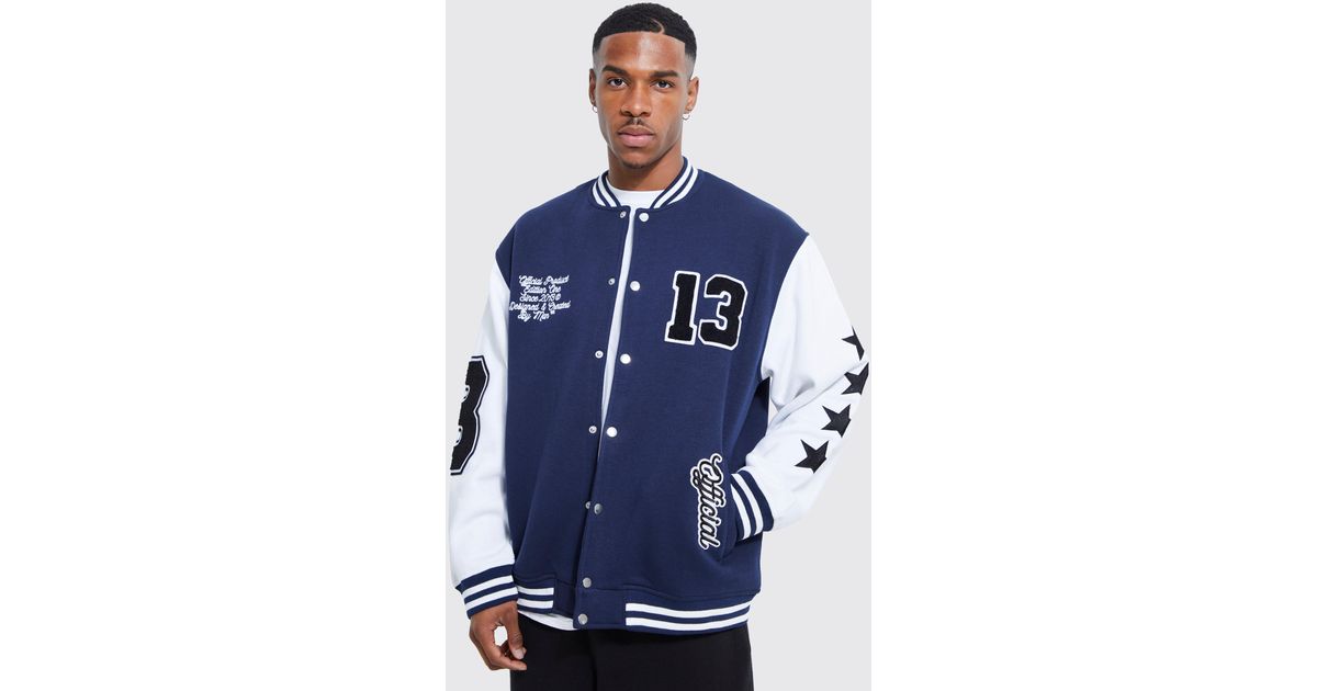 BoohooMAN Oversized Badge Jersey Varsity Jacket in Blue for Men Lyst