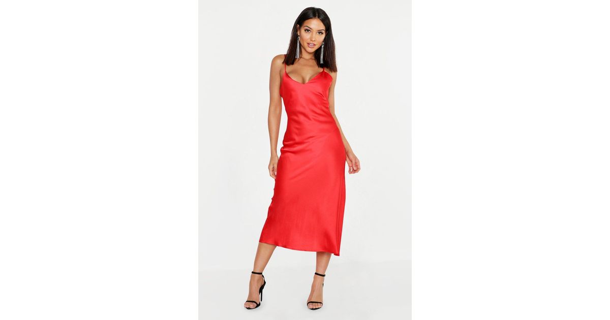 red slip midi dress