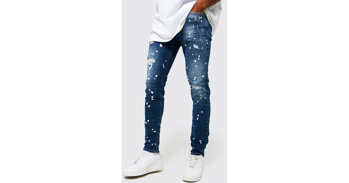 Boohoo Denim Skinny Ripped Paint Splatter Crinkle Jeans in Blue for Men
