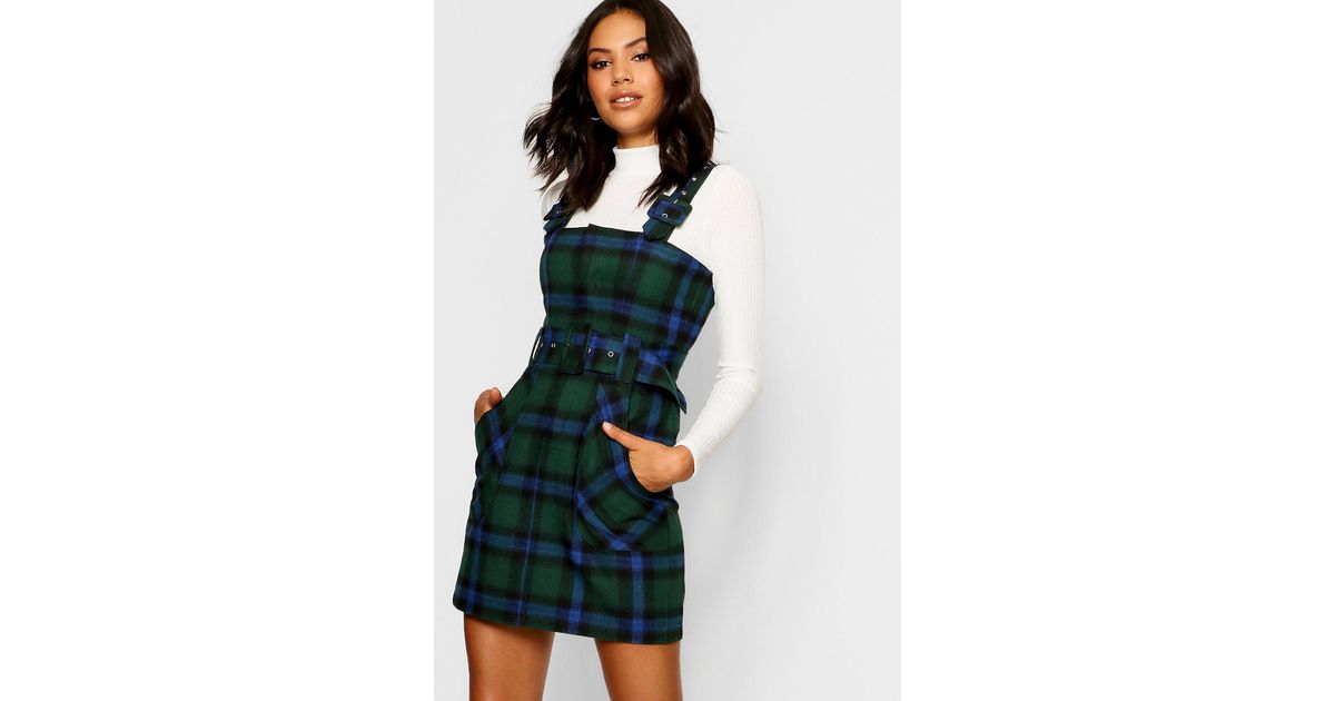 checked buckle detail pinafore dress