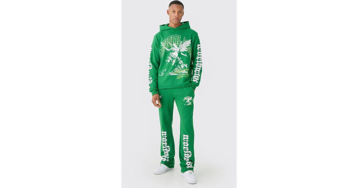 Boohoo Regular Fit Large Graphic Raw Hem Flared Tracksuit in Green Lyst