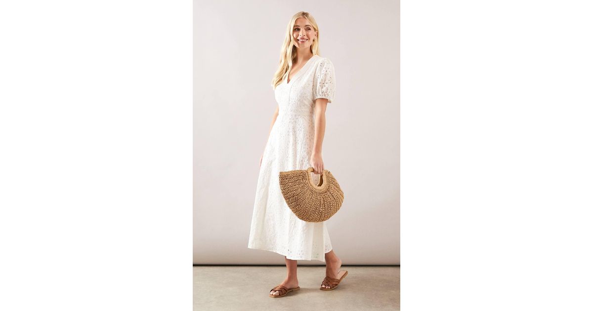 Wallis Petite Broderie Lace Trim Midi Dress in Natural | Lyst