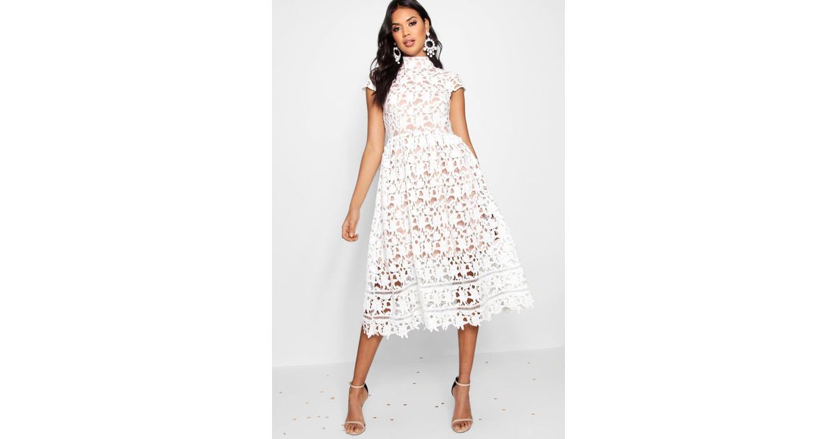 Boohoo Boutique Lace Midi Skater Bridesmaid Dress in White | Lyst