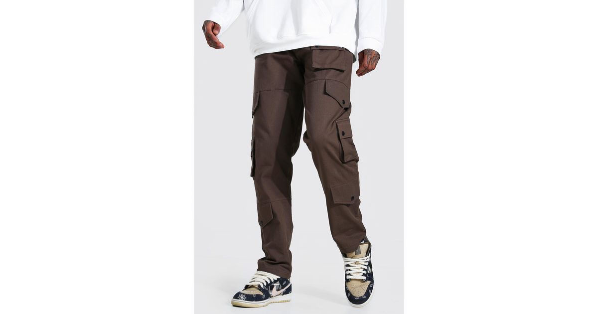 Boohoo Fixed Waistband Relaxed Fit Cargo Pants in Brown | Lyst