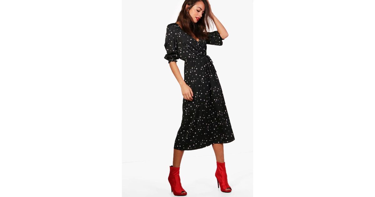 boohoo star print wrap midi dress