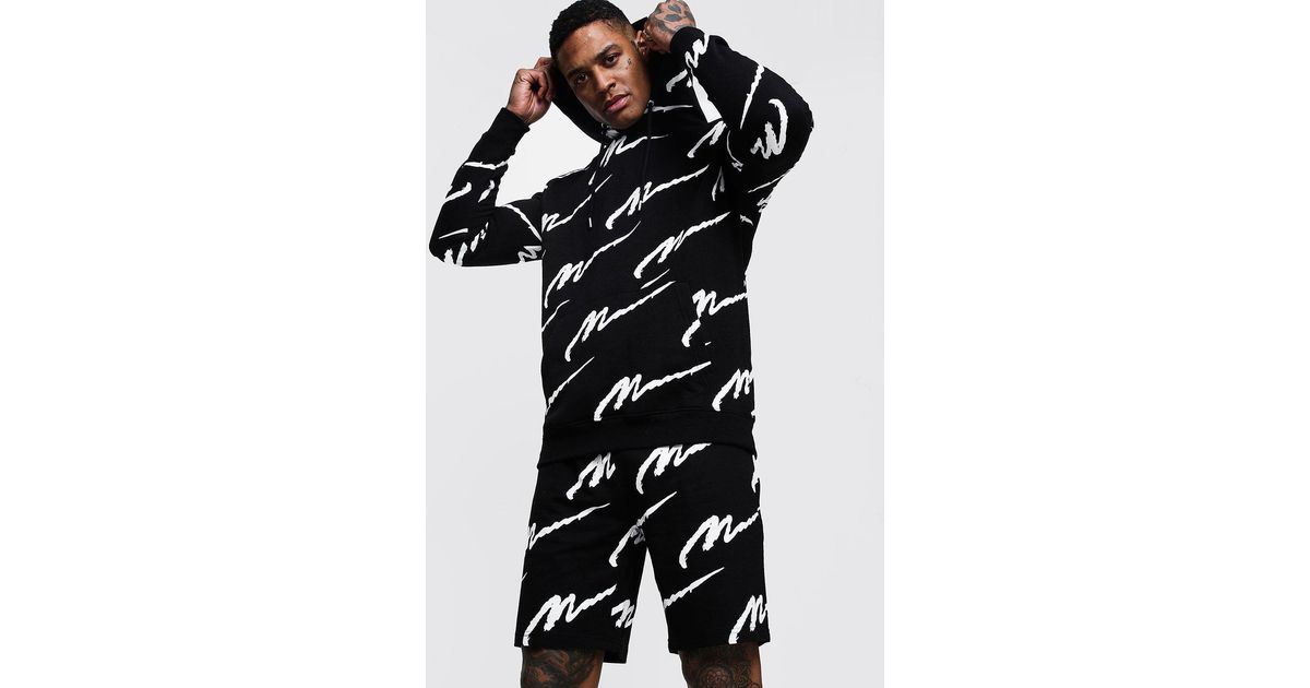 all over man printed hooded short tracksuit