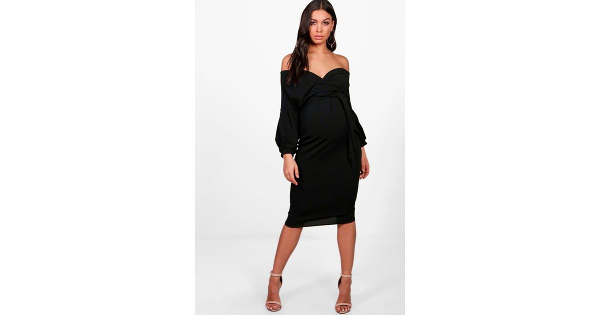 maternity off the shoulder wrap midi dress