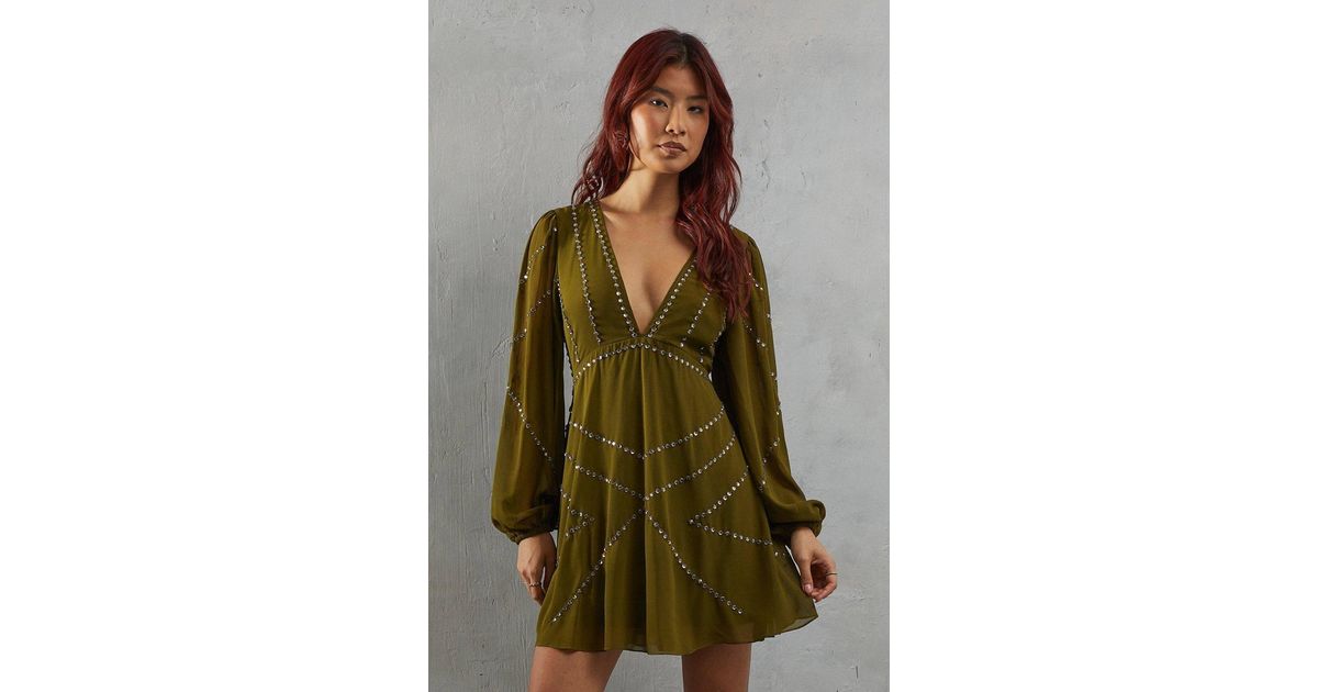 warehouse green sequin dress Green Warehouse Velvet Sequin Blouson Long Sleeve Mini Dress