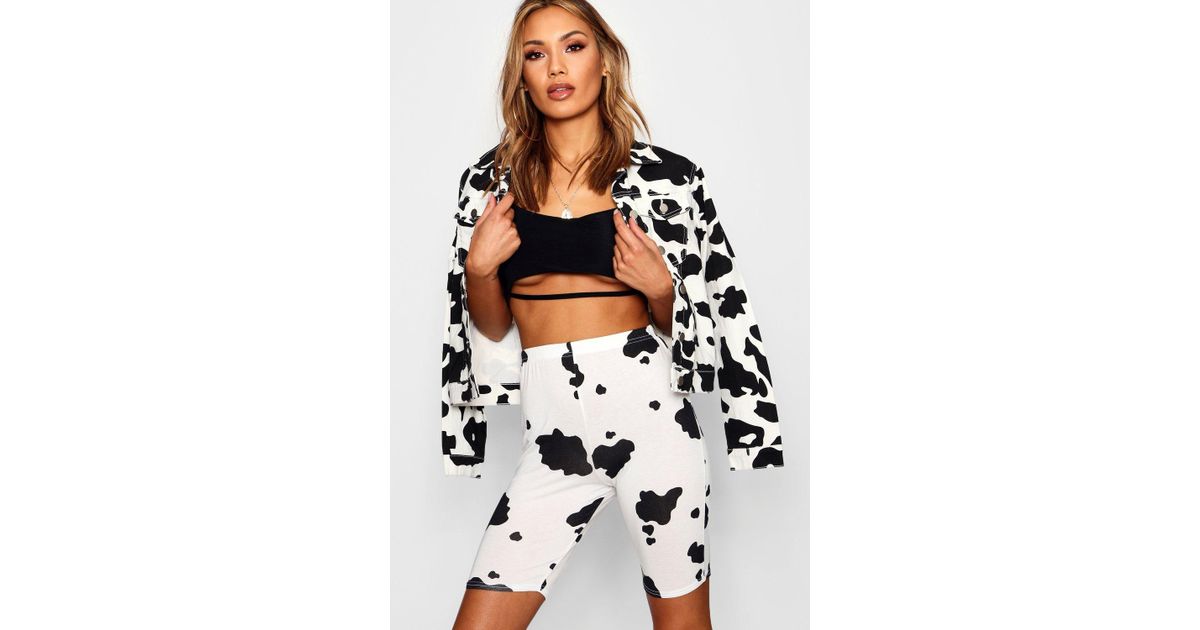Boohoo Denim Cow Print Cycling Shorts 