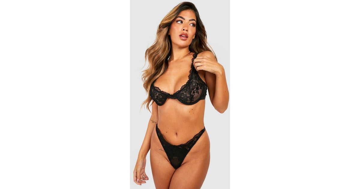 Boohoo Floral Lace Bralet And Thong Set in Black
