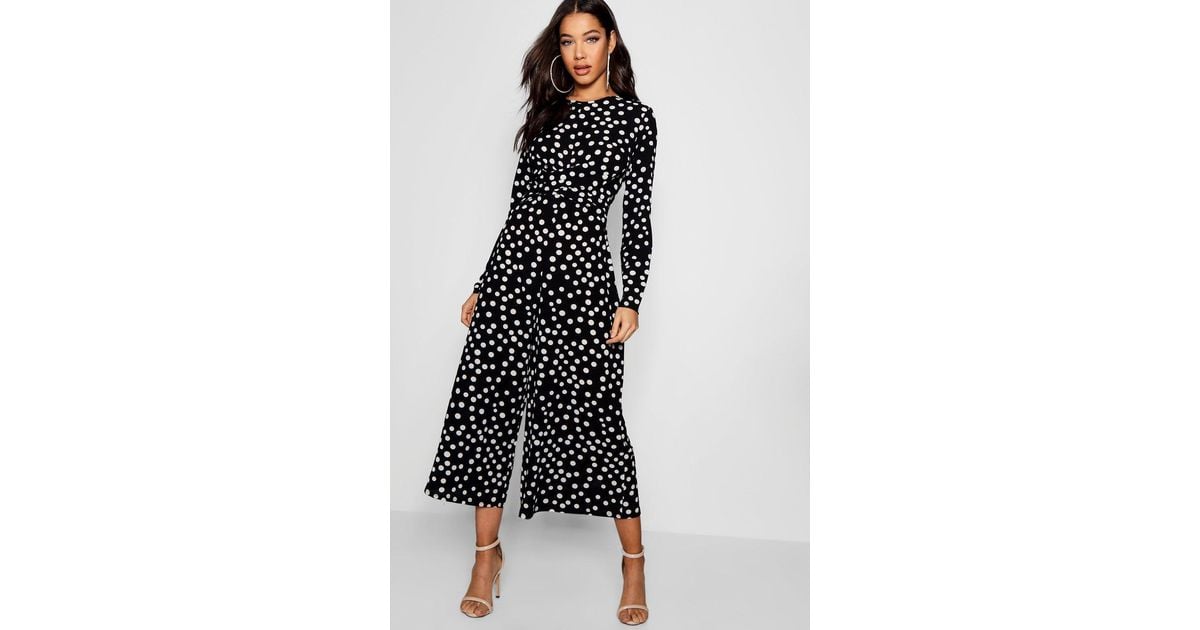 Boohoo Synthetic Twist Front Polka Dot Jumpsuit in Black - Lyst
