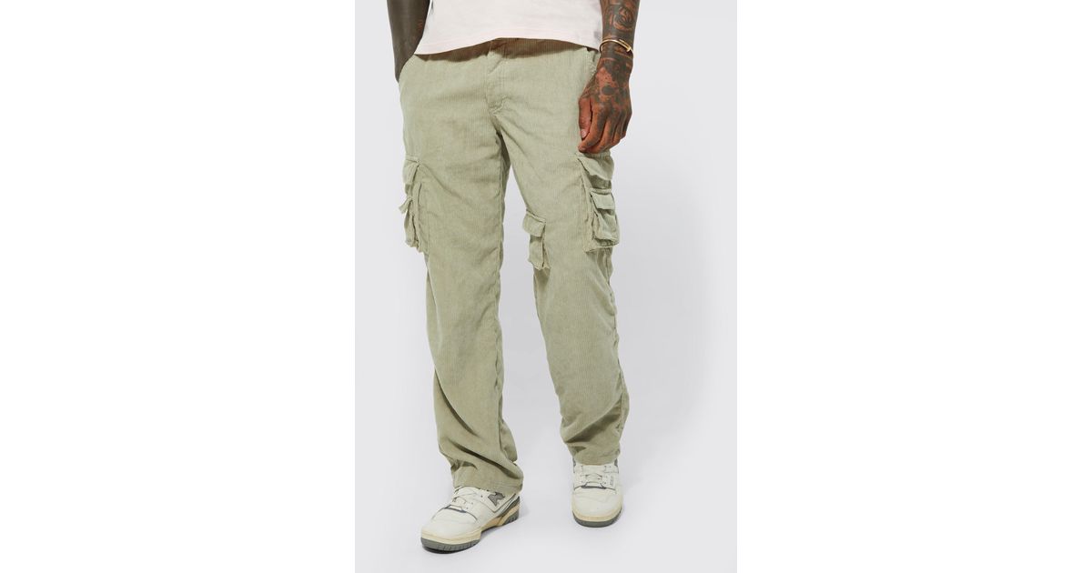 BoohooMAN Relaxed Fit Multi Pocket Cord Cargo Trouser in Green for Men ...