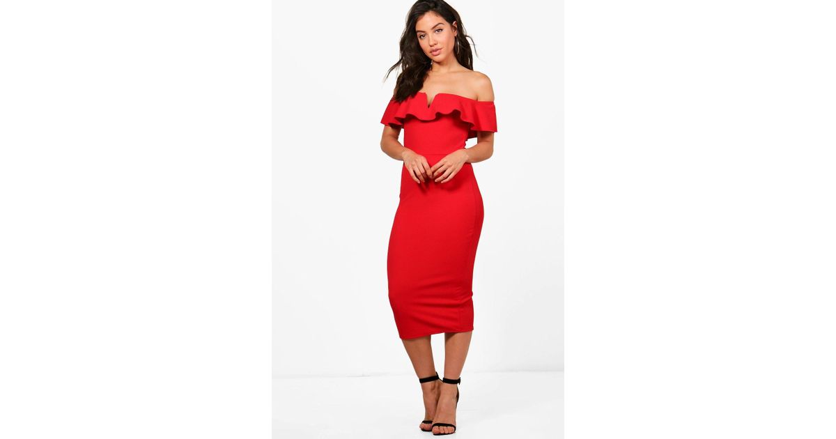 boohoo red off the shoulder dress