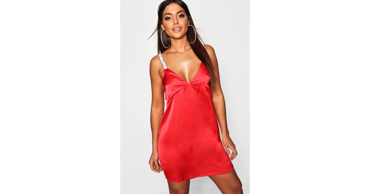 red satin shift dress