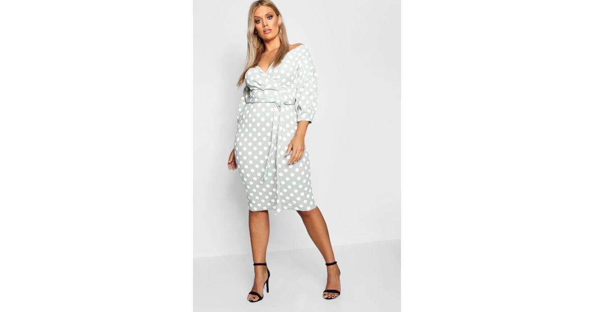 boohoo plus metallic spot wrap midi dress