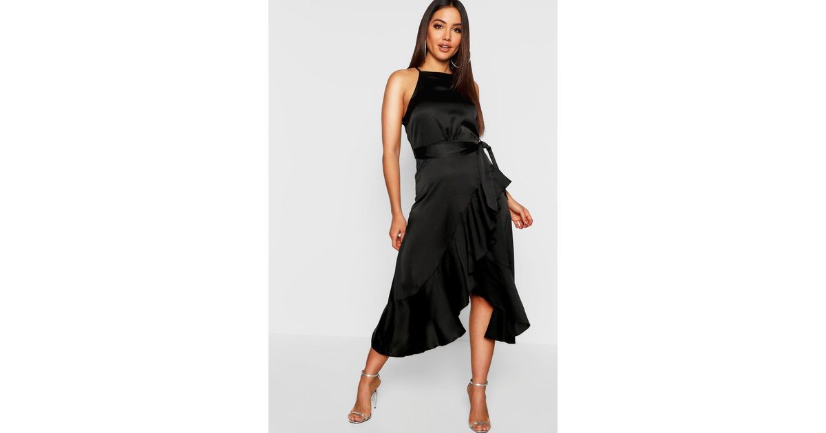 satin frill wrap midi dress