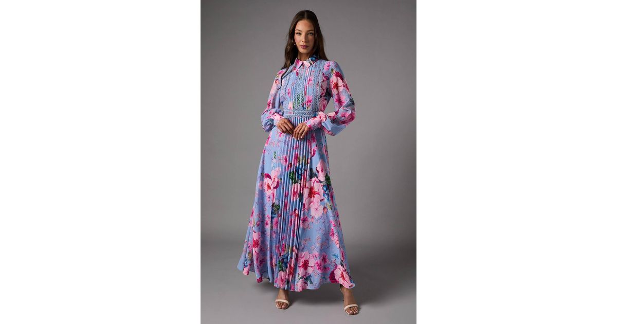 Coast Pleated Printed Long Sleeve Midi Dress With Lace Trim in Purple | Lyst Coast Pleated Printed Long Sleeve Midi Dress With Lace Trim in Purple | Lyst
