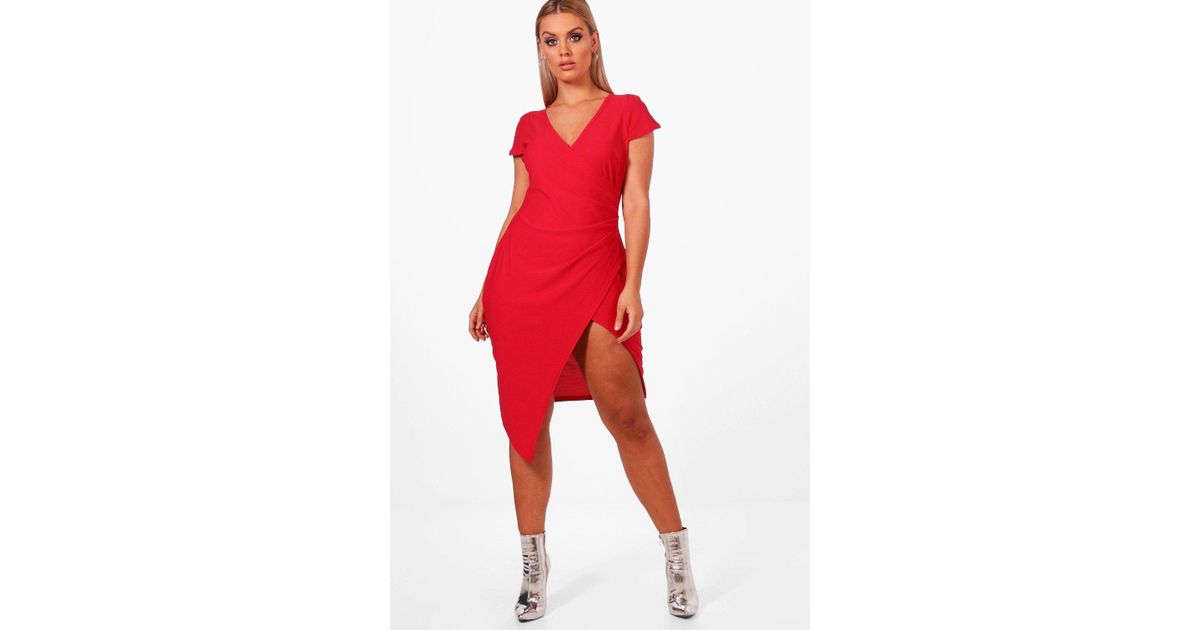 boohoo cap sleeve wrap midi dress