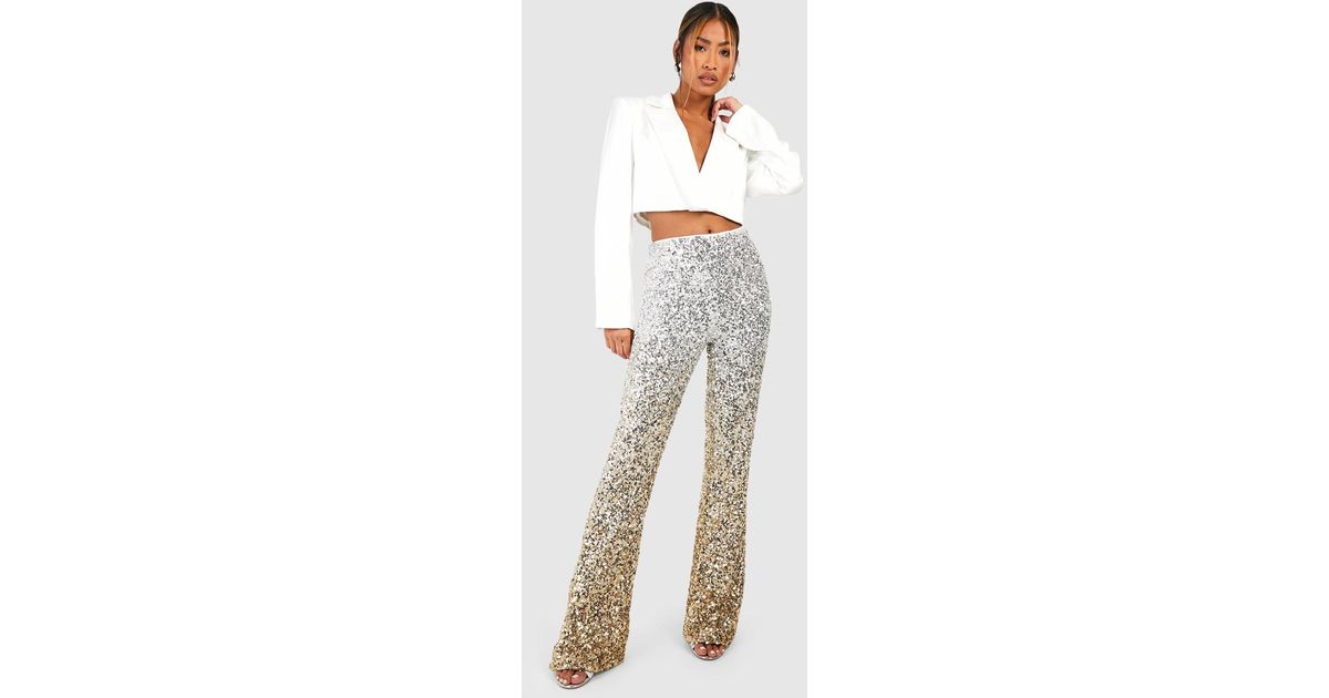 Boohoo Ombre Sequin High Waisted Flared Trousers in White | Lyst