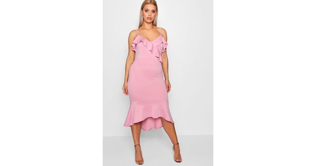 extreme frill peplum hem scuba midi dress in pink