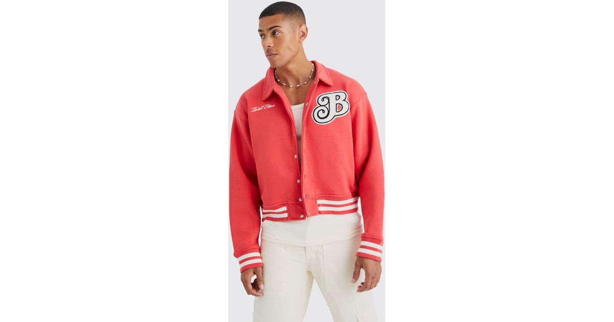 BoohooMAN Boxy B Badge Jersey Varsity Jacket in Red for Men Lyst