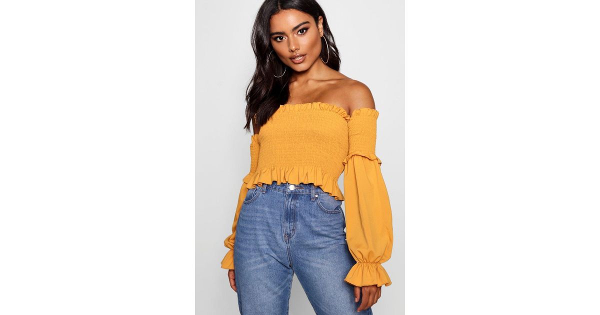shirred ruffle hem bardot top