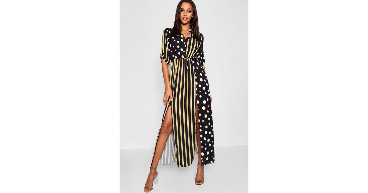 boohoo kimono sleeve midi dress in mixed stripe and floral print