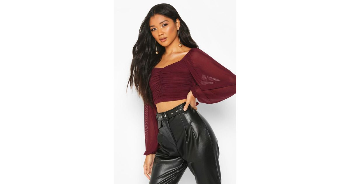 red mesh long sleeve crop top