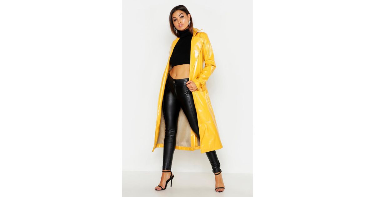 Boohoo Pu Belted Trench Coat in Yellow 