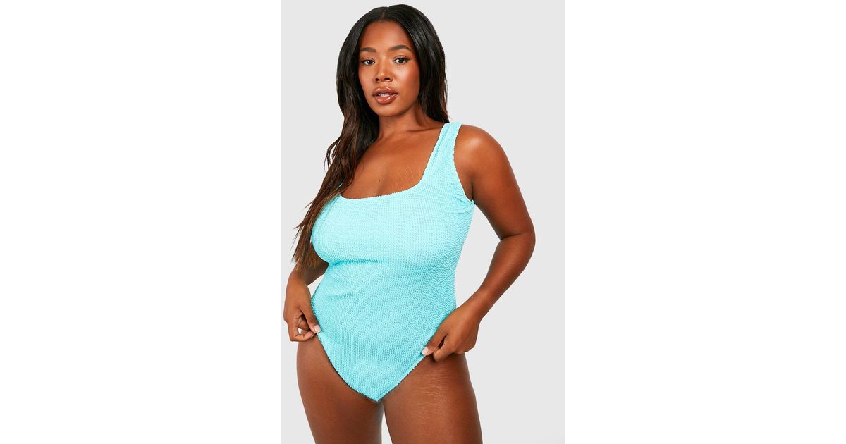Boohoo Plus Crinkle Textured Scoop Bathing Suit in Blue Lyst