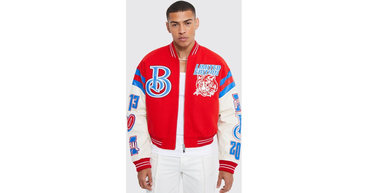 BoohooMAN Boxy Limited Edition Tiger Varsity Jacket in Red for Men Lyst