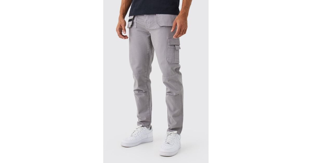 BoohooMAN Slim Fit Strap Detail Cargo Trouser in Gray for Men