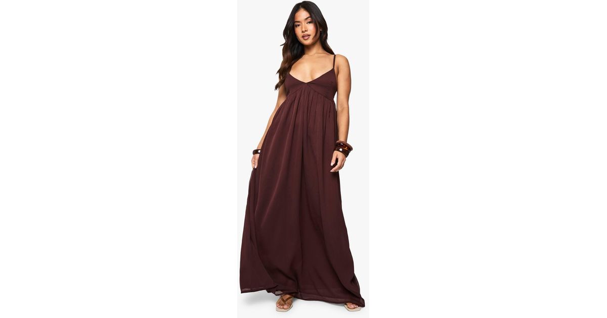 Boohoo Petite Chiffon Strappy Volume Maxi Dress in Red | Lyst