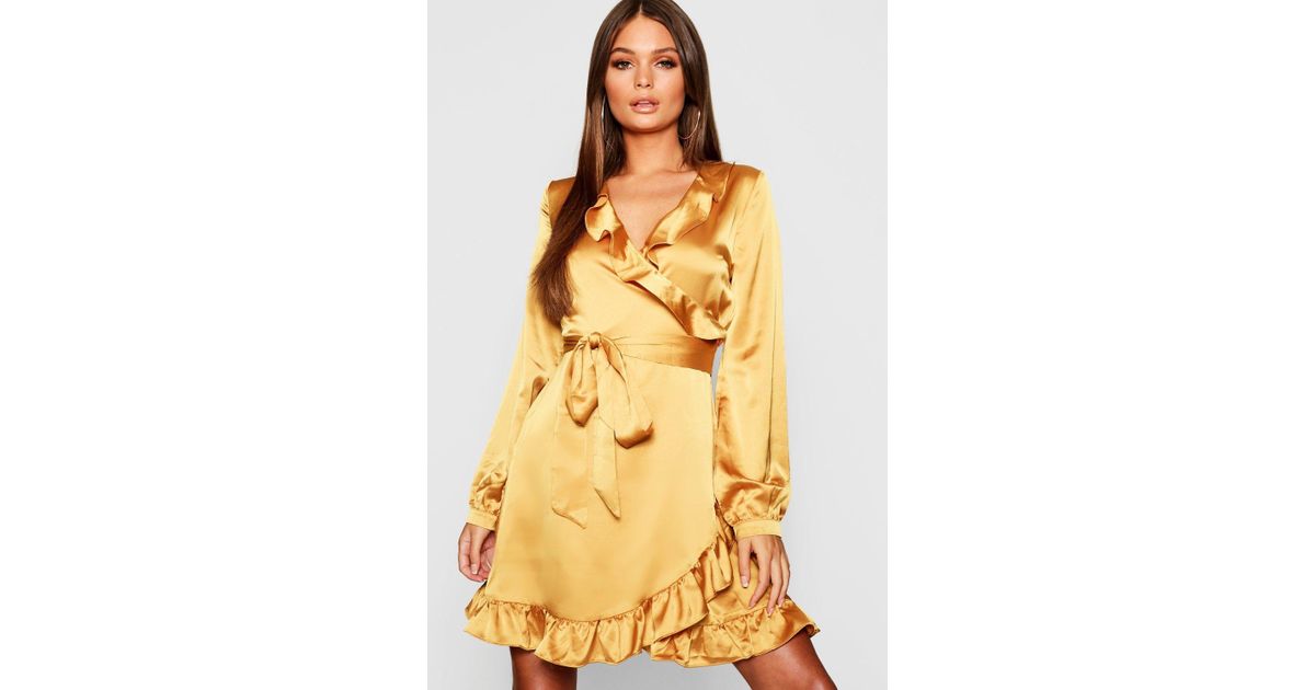 mustard satin wrap dress