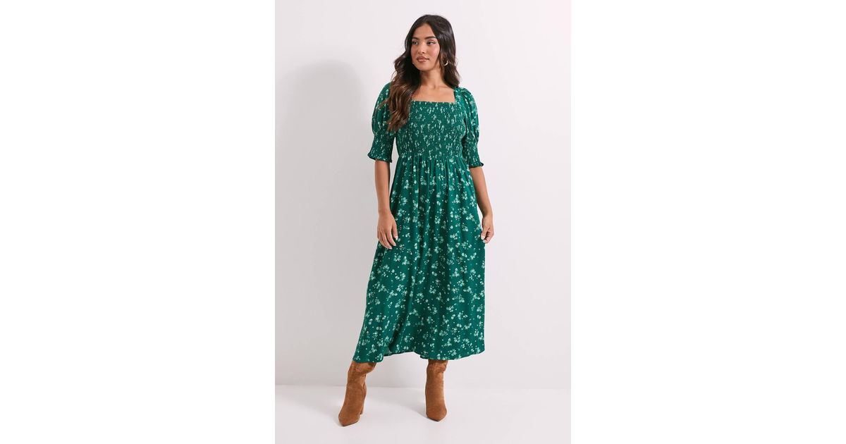 Dorothy Perkins Petite Floral Shirred Bodice Puff Sleeve Square Neck Midi  Dress in Green | Lyst
