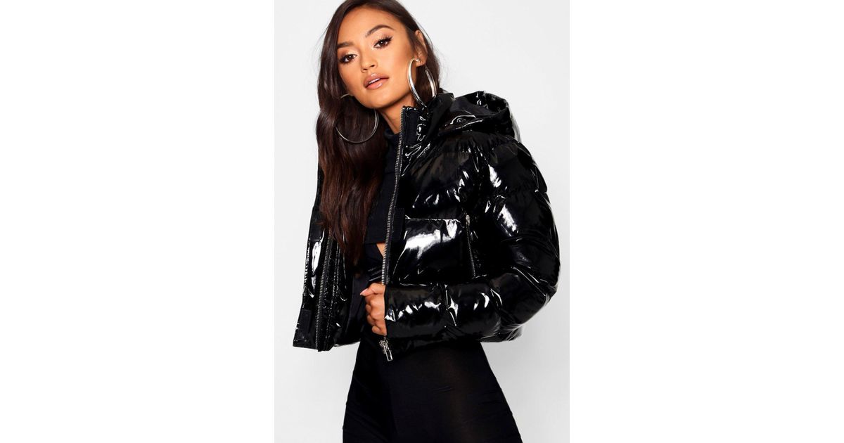 hooded crop high shine coat