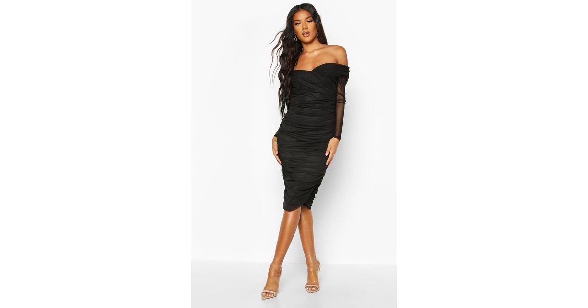 Boohoo Off Shoulder Ruched Mesh Bodycon 