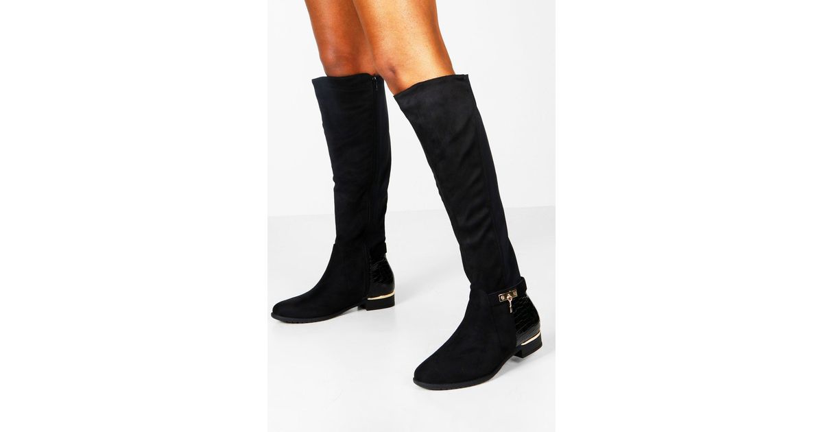 Boohoo Croc Panel Stretch Back Flat Knee High Boots in Black | Lyst