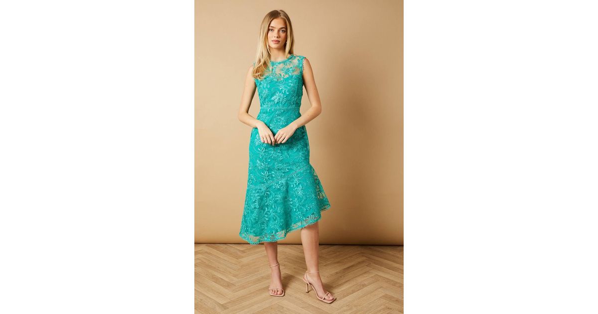 Oasis Floral Lace Scallop Detail Midi Dress in Green | Lyst