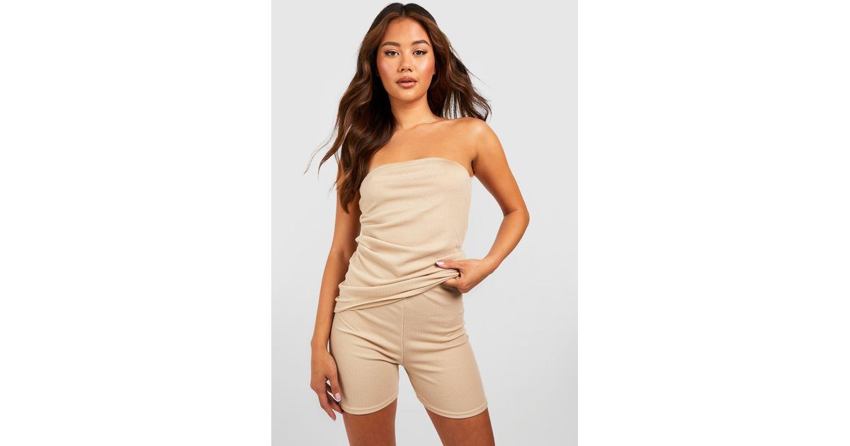 Boohoo Ribbed Longline Top With Side Splits & Short Set in Natural