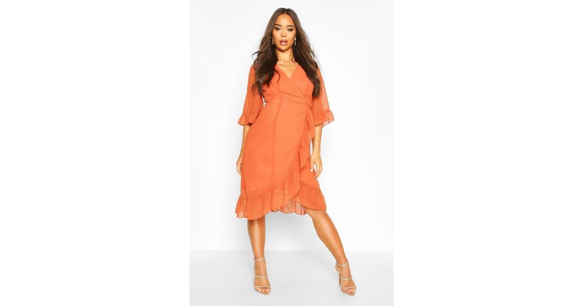 Boohoo Dobby Chiffon Wide Sleeve Midi Wrap Dress in Orange for Men - Lyst