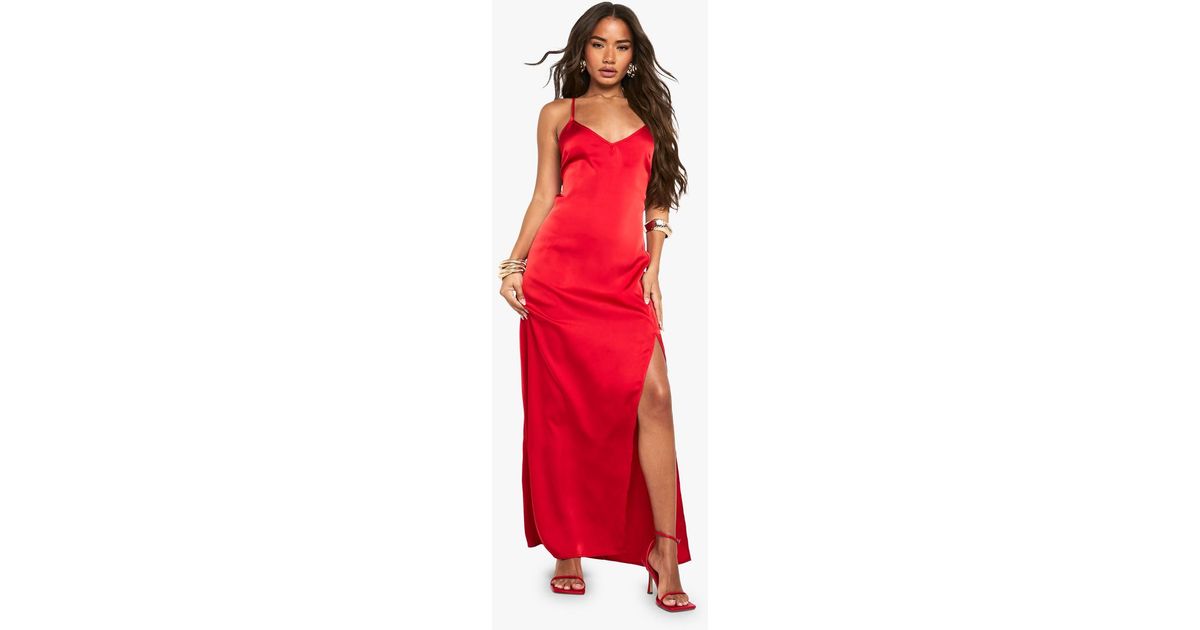 red satin dress boohoo boohoo Women's Lace Asymmetric Satin Slip Dress in Red