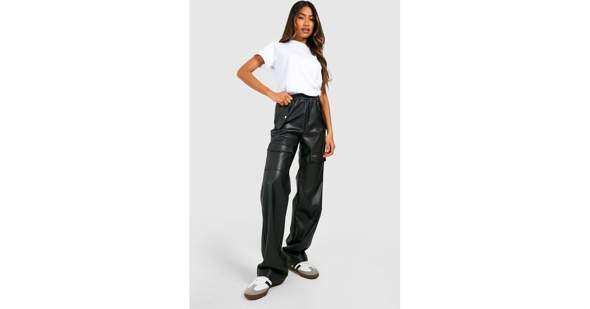 Boohoo Faux Leather High Waisted Wide Leg Cargo Pants in Black | Lyst