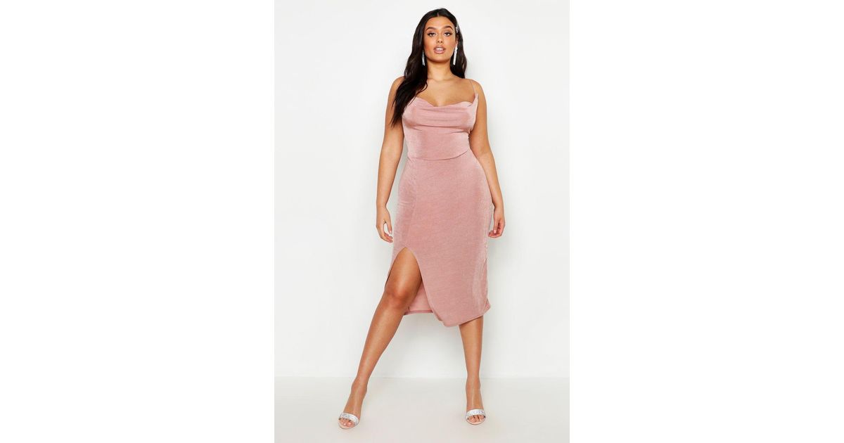 slinky cowl neck midi dress