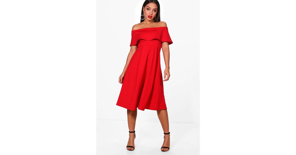 off the shoulder midi skater dress