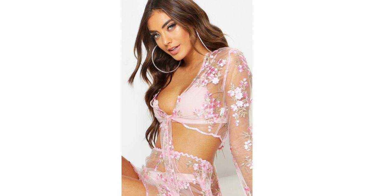 Boohoo Womens Flower Embroidered Mesh Tie Front Crop Top - Pink - 8 - Lyst