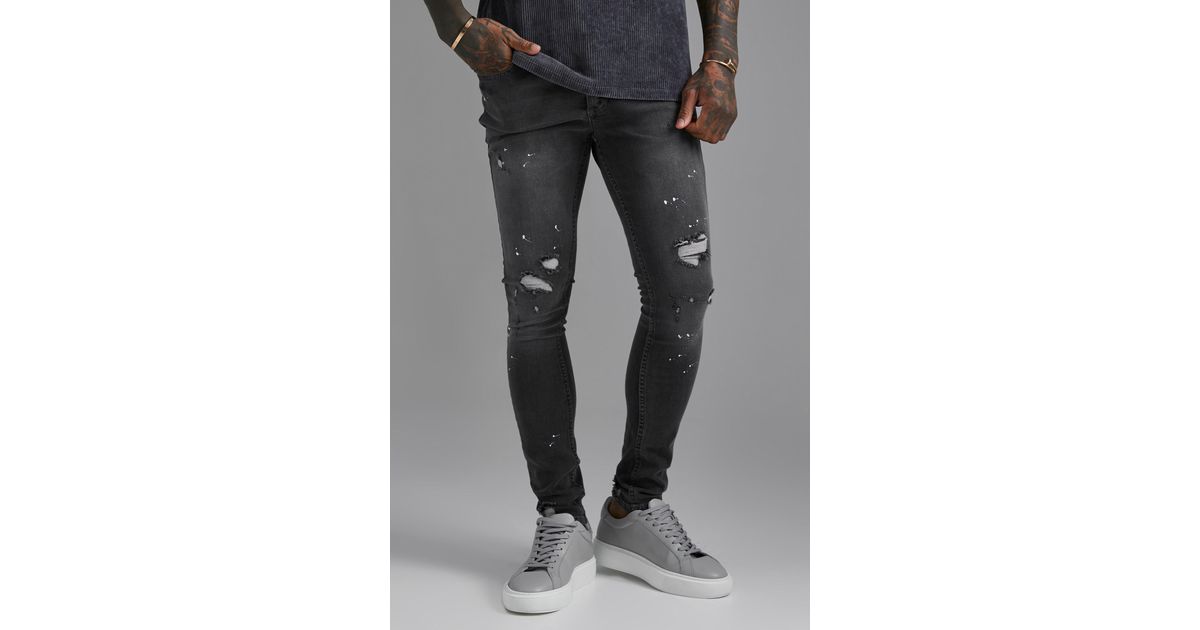 BoohooMAN Denim Super Skinny Ripped Paint Splatter Jeans in Grey (Gray