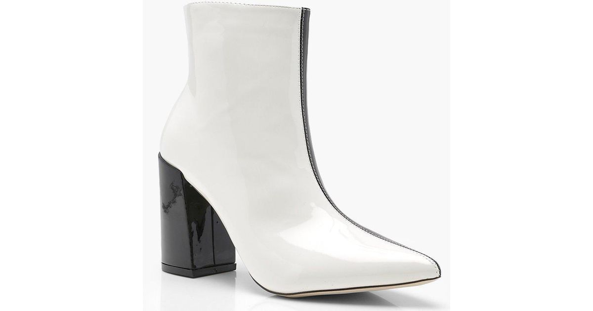 white leather block heel ankle boots