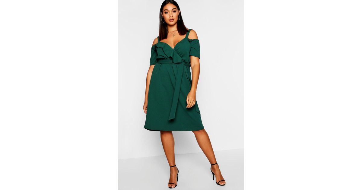 plus plunge ruffle belt midi dress