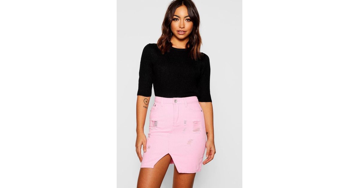 boohoo pink denim skirt